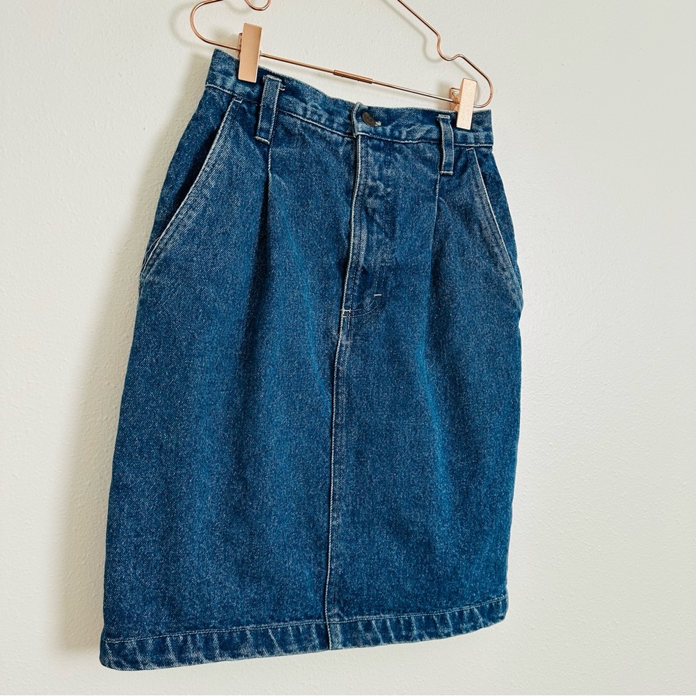 Vintage Classic Pencil Denim Skirt Front Pleated Knee Length - Picture 6 of 8